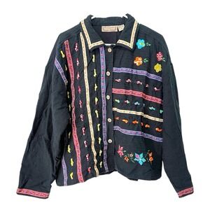 New Direction 2X Black Abstract Embroidered Jacket Button Up Artsy Retro 80's